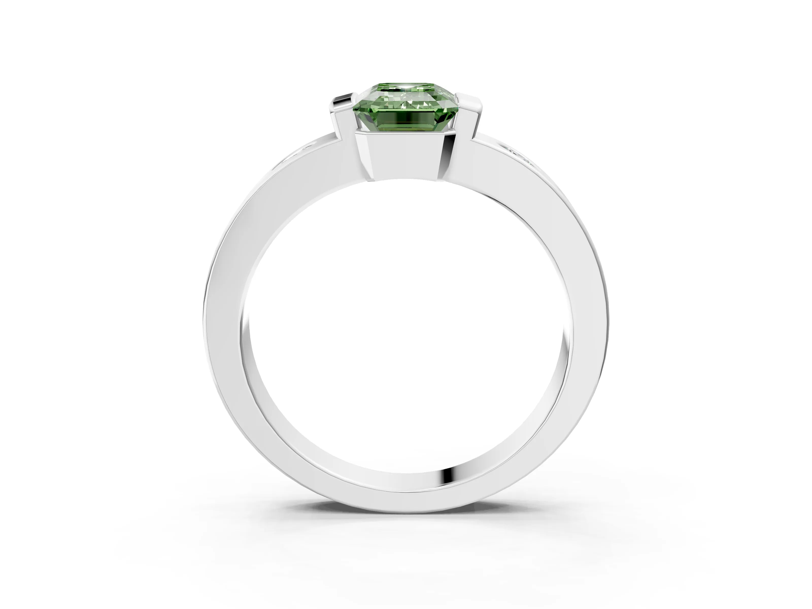 White gold Fancy Green Emerald Cut Brilliant Channel-Set Diamond Ring with Bezel Prong Setting_3