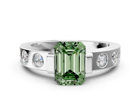 White gold Fancy Green Emerald Cut Brilliant Channel-Set Diamond Ring with Bezel Prong Setting