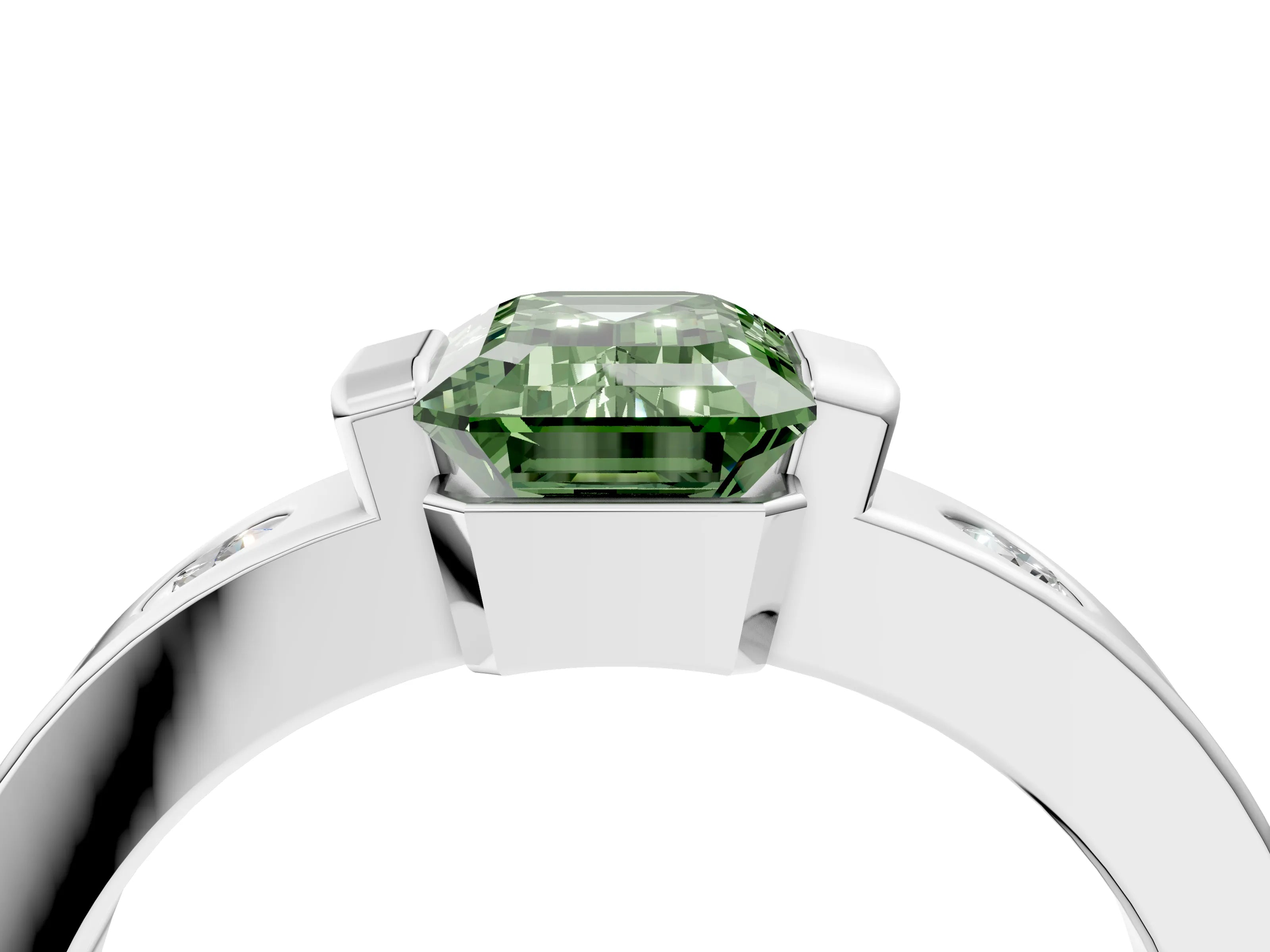 White gold Fancy Green Emerald Cut Brilliant Channel-Set Diamond Ring with Bezel Prong Setting_4