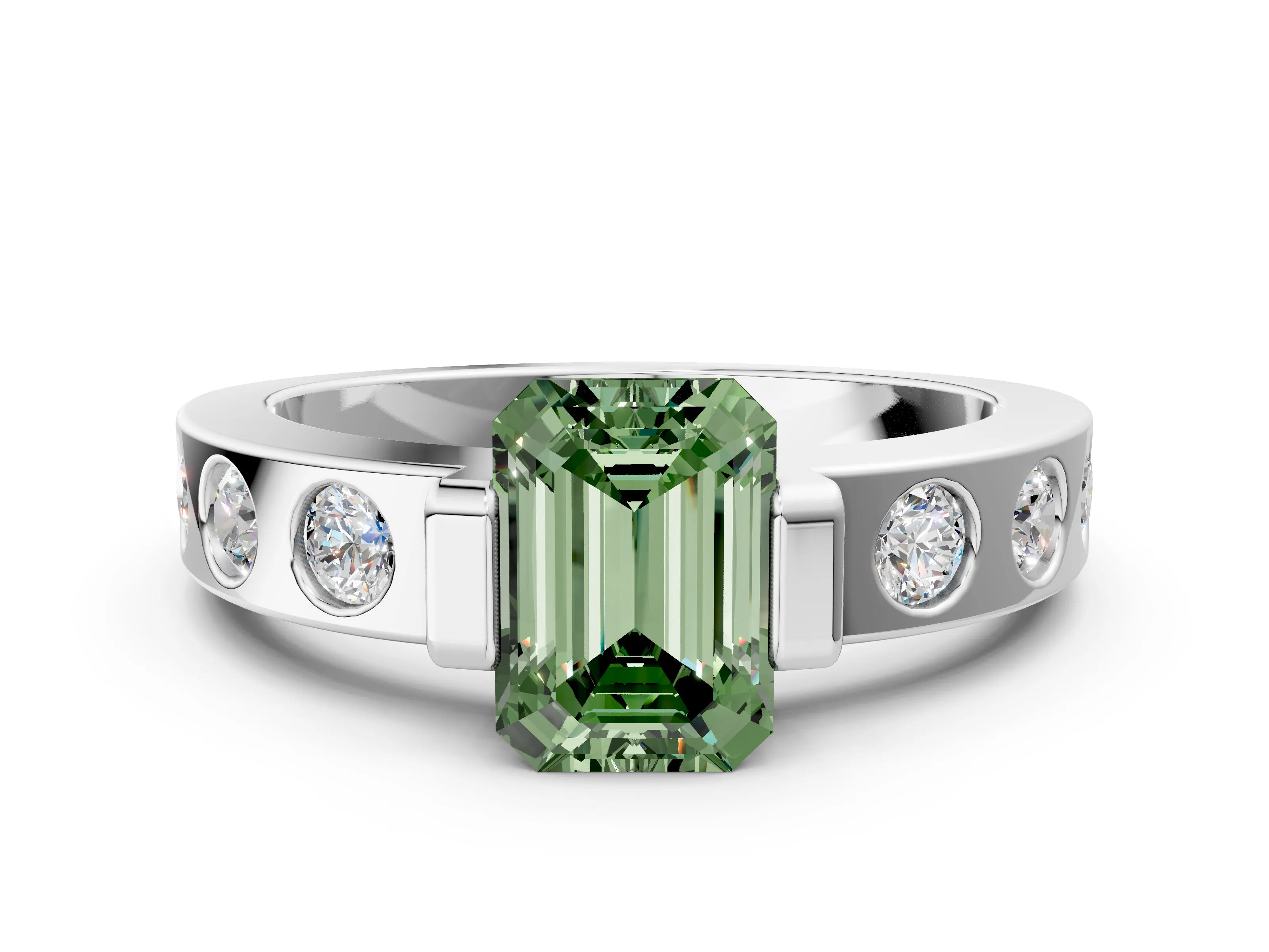 White gold Fancy Green Emerald Cut Brilliant Channel-Set Diamond Ring with Bezel Prong Setting