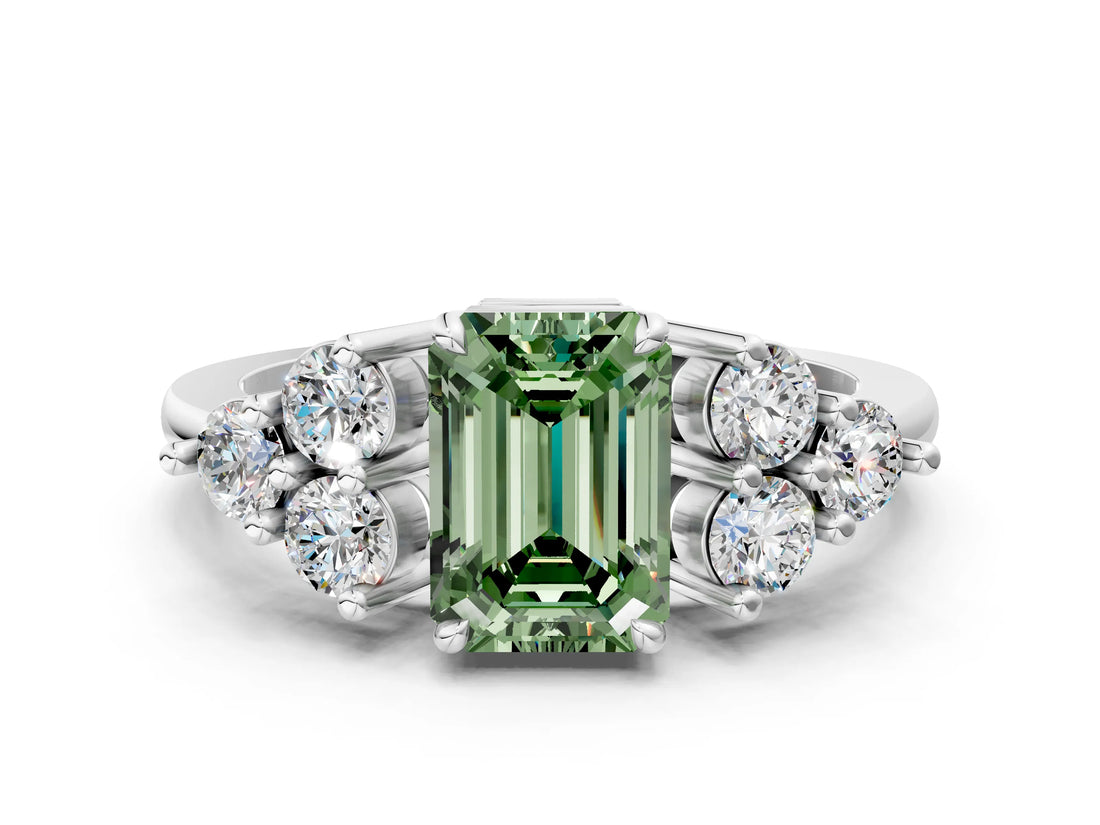 White gold Fancy Green Emerald Cut Brilliant Diamond Cluster Accent Solitaire Ring with Prong Setting_12