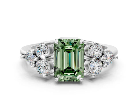 White gold Fancy Green Emerald Cut Brilliant Diamond Cluster Accent Solitaire Ring with Prong Setting_12