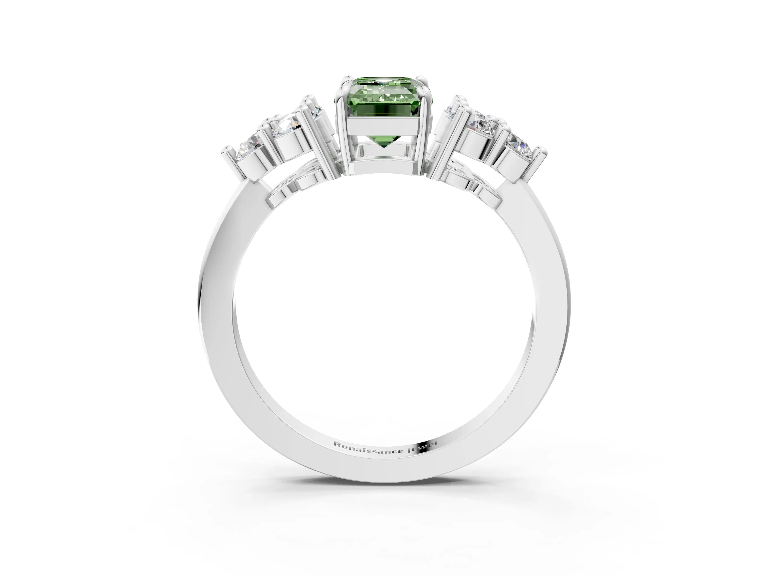 White gold Fancy Green Emerald Cut Brilliant Diamond Cluster Accent Solitaire Ring with Prong Setting_15