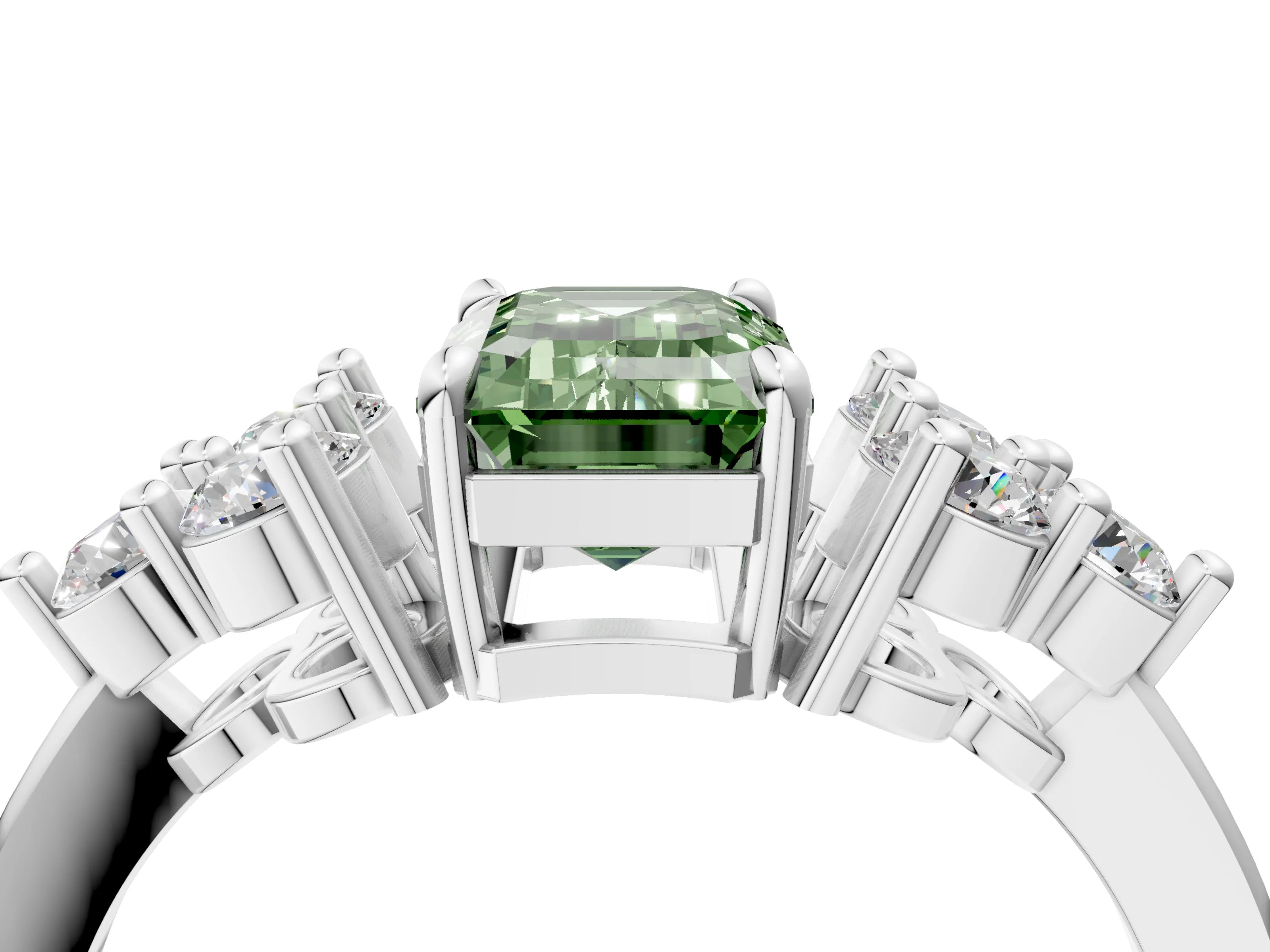 White gold Fancy Green Emerald Cut Brilliant Diamond Cluster Accent Solitaire Ring with Prong Setting_16