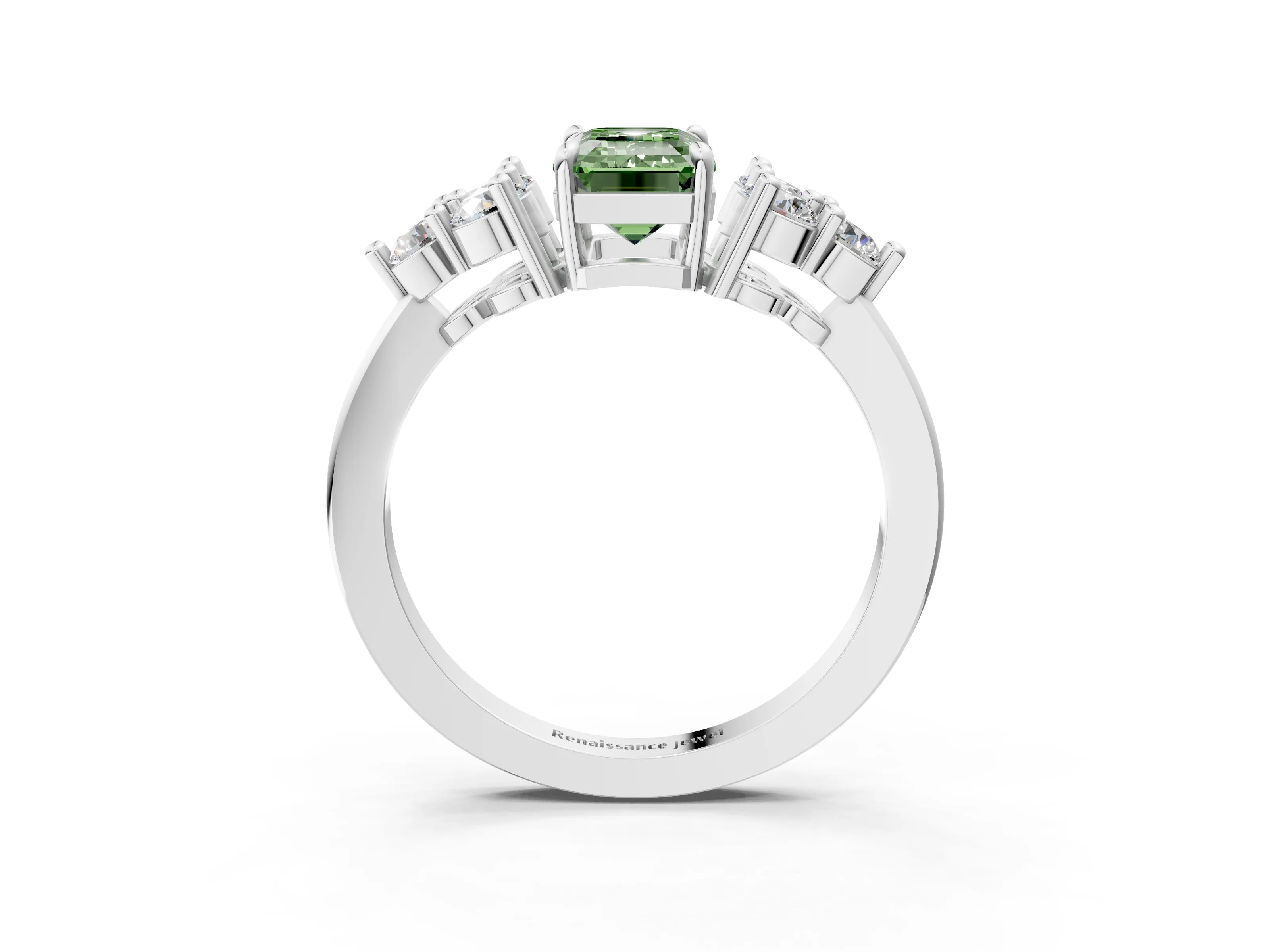 White gold Fancy Green Emerald Cut Brilliant Diamond Cluster Accent Solitaire Ring with Prong Setting_3