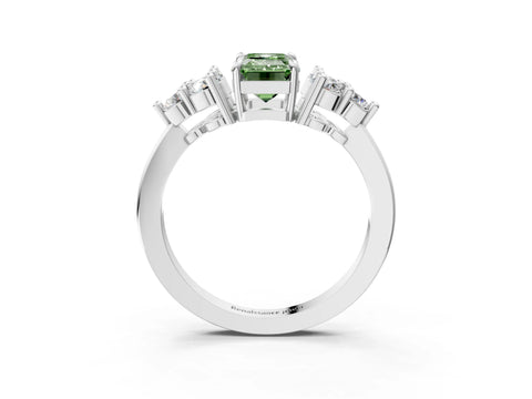 White gold Fancy Green Emerald Cut Brilliant Diamond Cluster Accent Solitaire Ring with Prong Setting_3