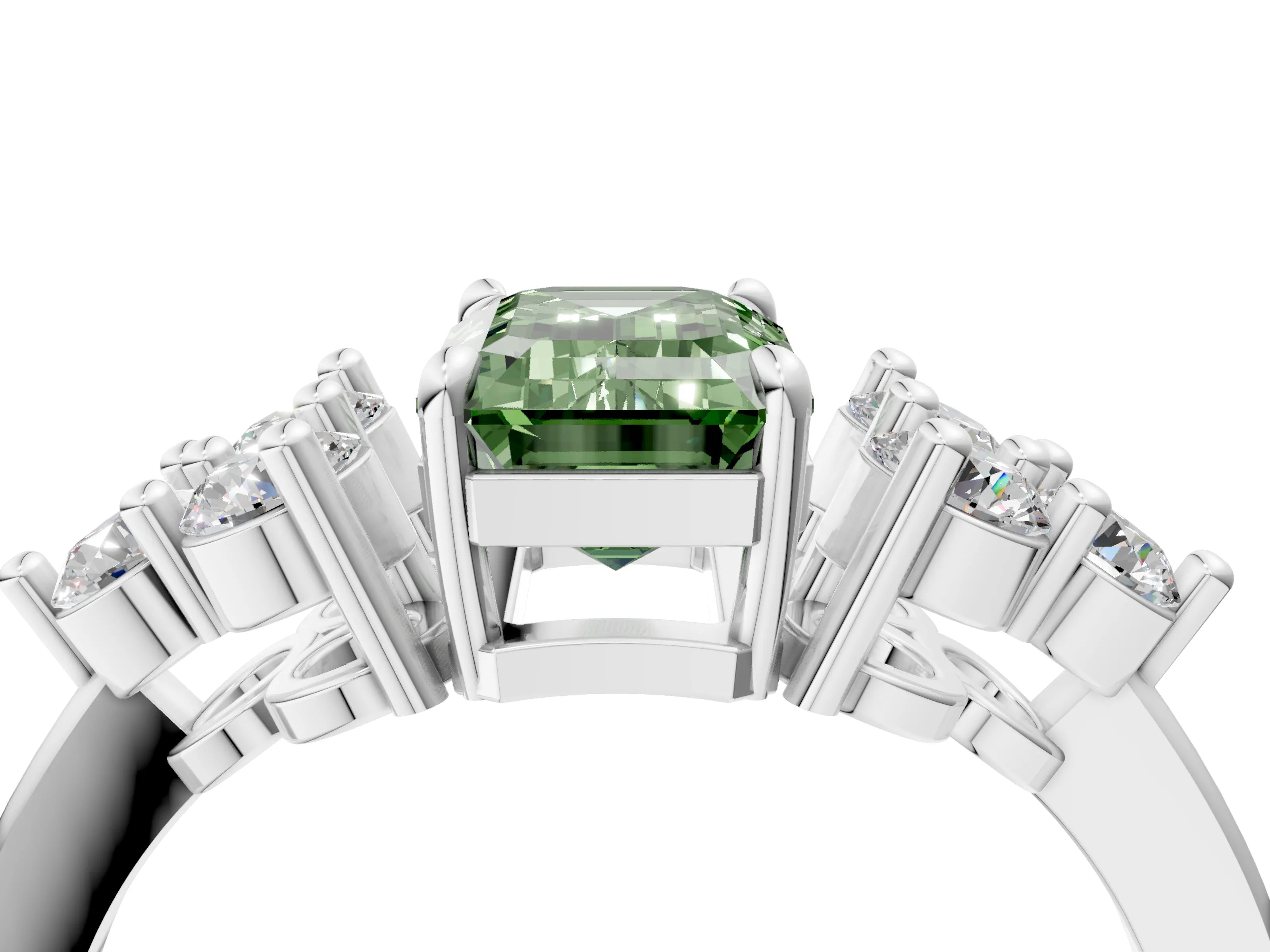 White gold Fancy Green Emerald Cut Brilliant Diamond Cluster Accent Solitaire Ring with Prong Setting_4