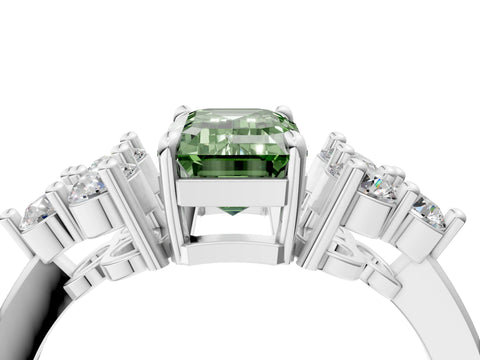 White gold Fancy Green Emerald Cut Brilliant Diamond Cluster Accent Solitaire Ring with Prong Setting_4