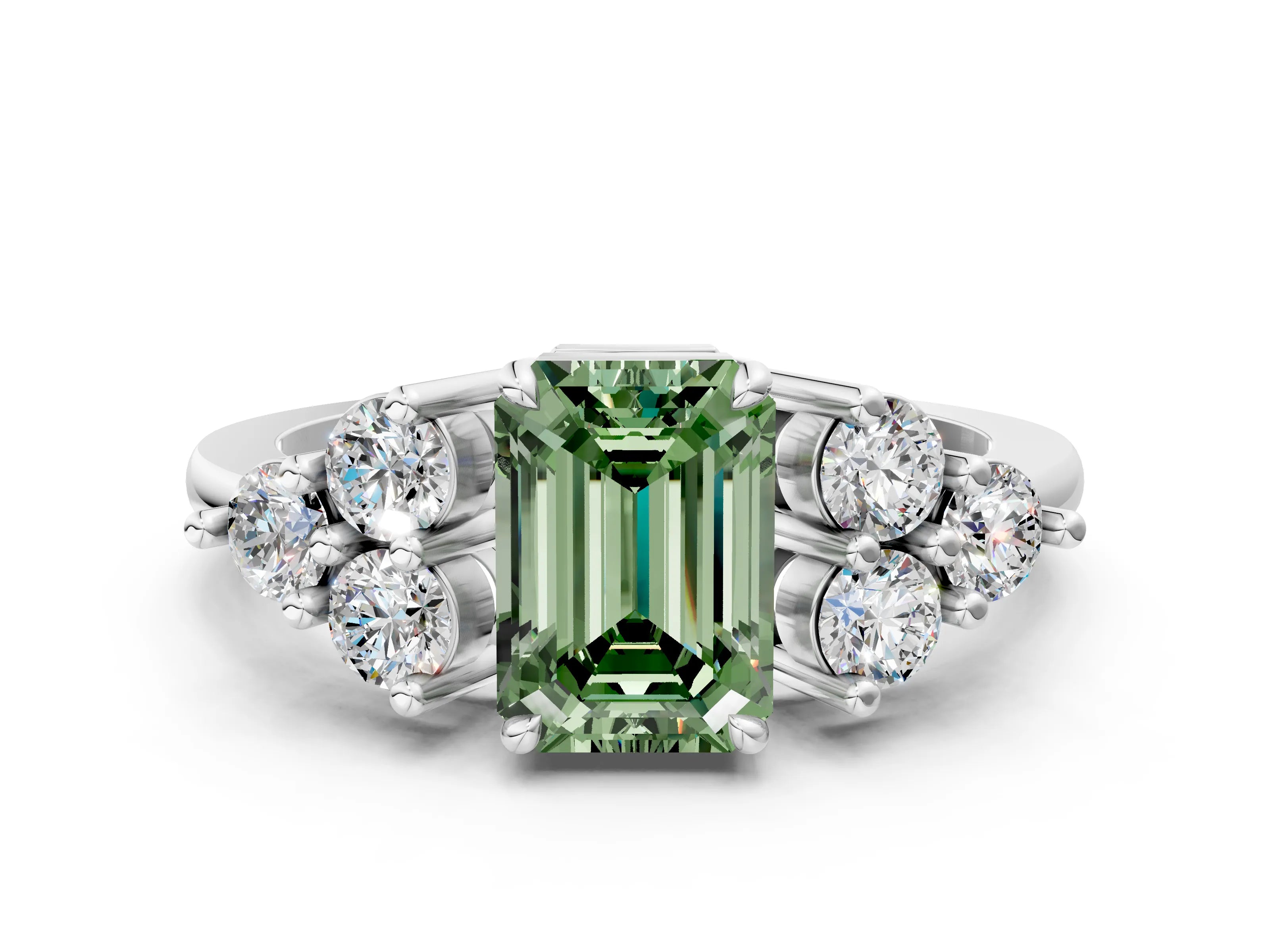 White gold Fancy Green Emerald Cut Brilliant Diamond Cluster Accent Solitaire Ring with Prong Setting