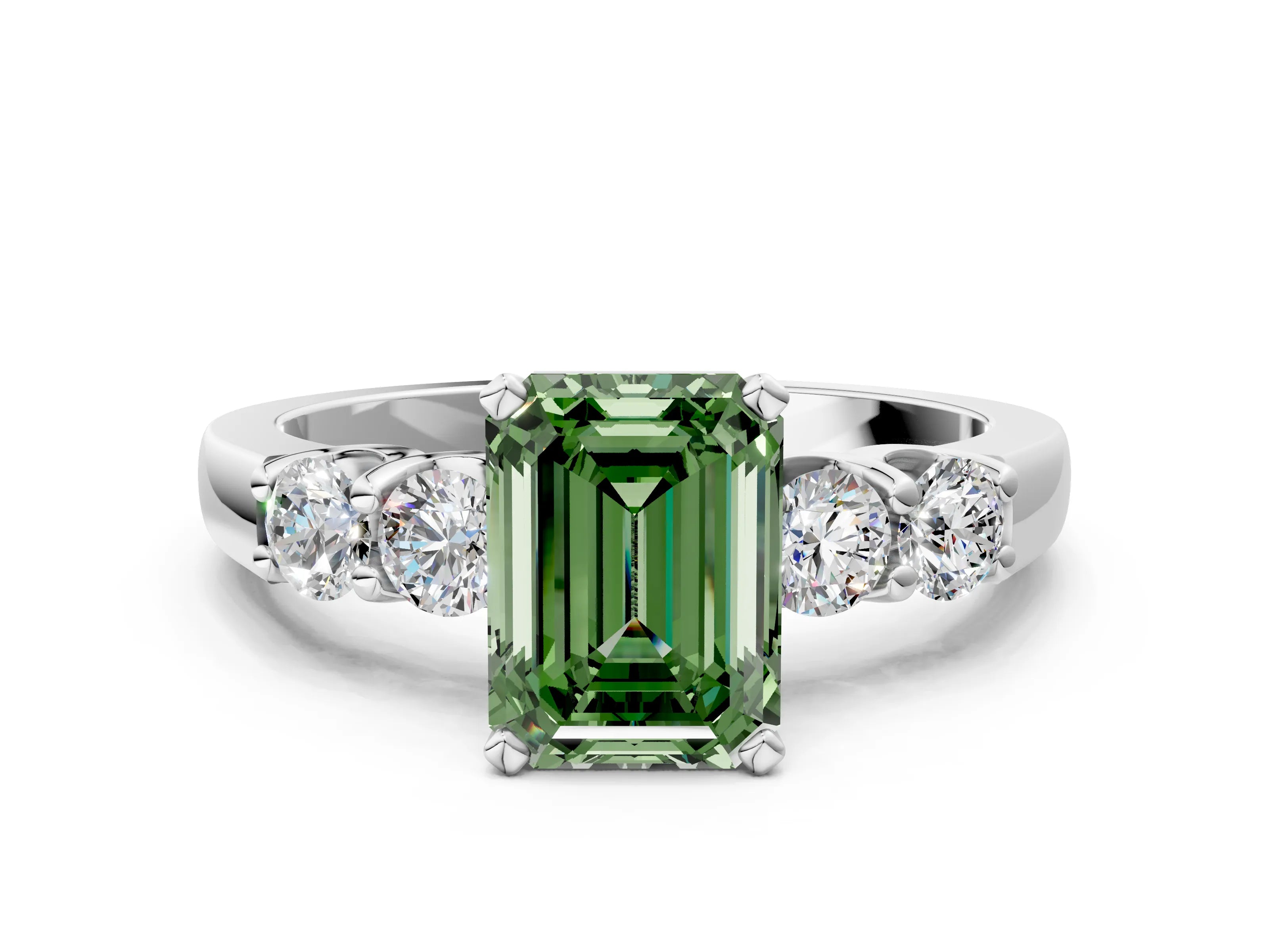 White gold Fancy Green Emerald Cut Brilliant Diamond Five-Stone Engagement Ring with Prong Setting on a Classic Band_3