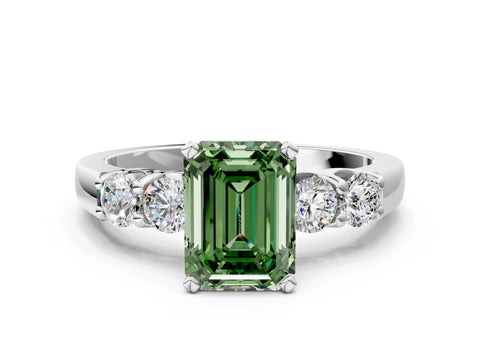 White gold Fancy Green Emerald Cut Brilliant Diamond Five-Stone Engagement Ring with Prong Setting on a Classic Band_3