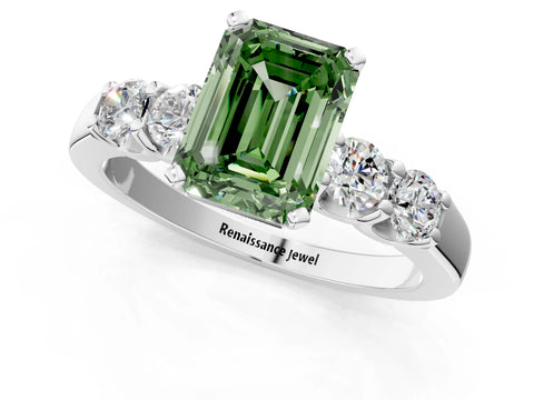 White gold Fancy Green Emerald Cut Brilliant Diamond Five-Stone Engagement Ring with Prong Setting on a Classic Band_4