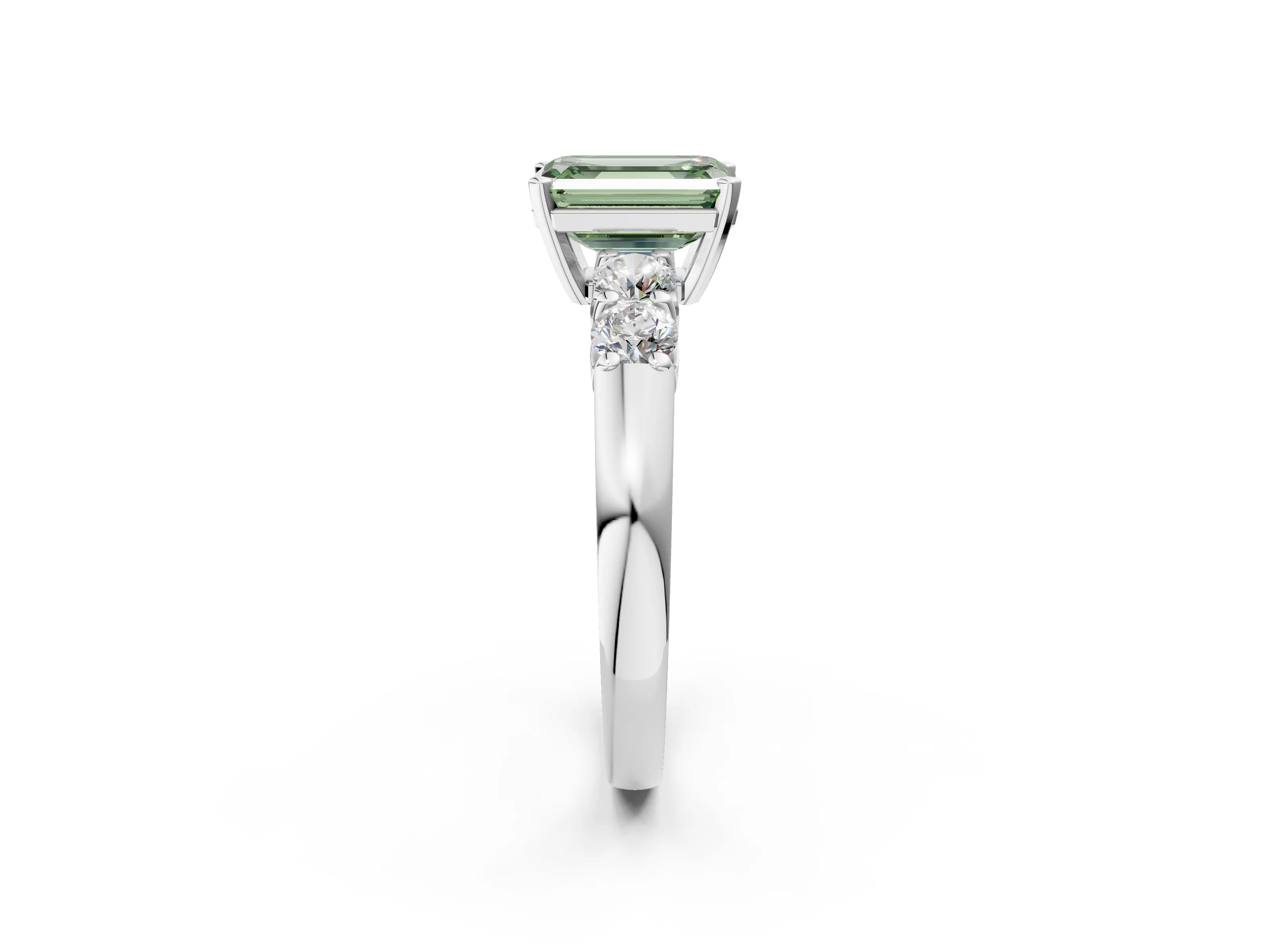 White gold Fancy Green Emerald Cut Brilliant Diamond Five-Stone Engagement Ring with Prong Setting on a Classic Band_5