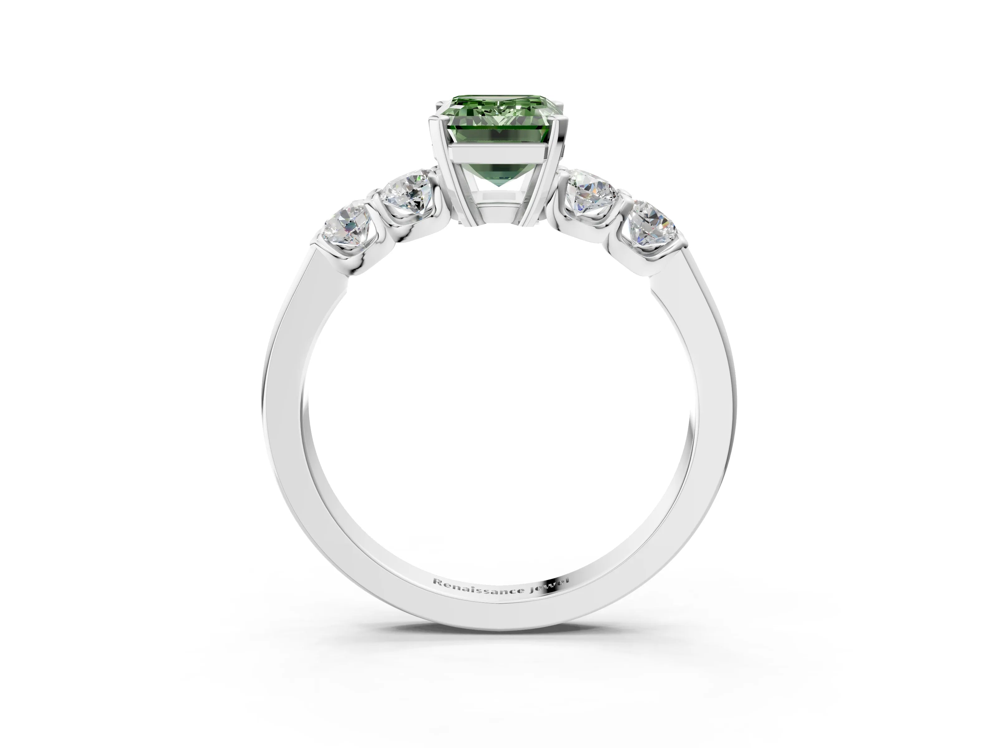 White gold Fancy Green Emerald Cut Brilliant Diamond Five-Stone Engagement Ring with Prong Setting on a Classic Band_6
