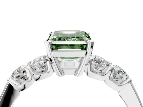 White gold Fancy Green Emerald Cut Brilliant Diamond Five-Stone Engagement Ring with Prong Setting on a Classic Band_7