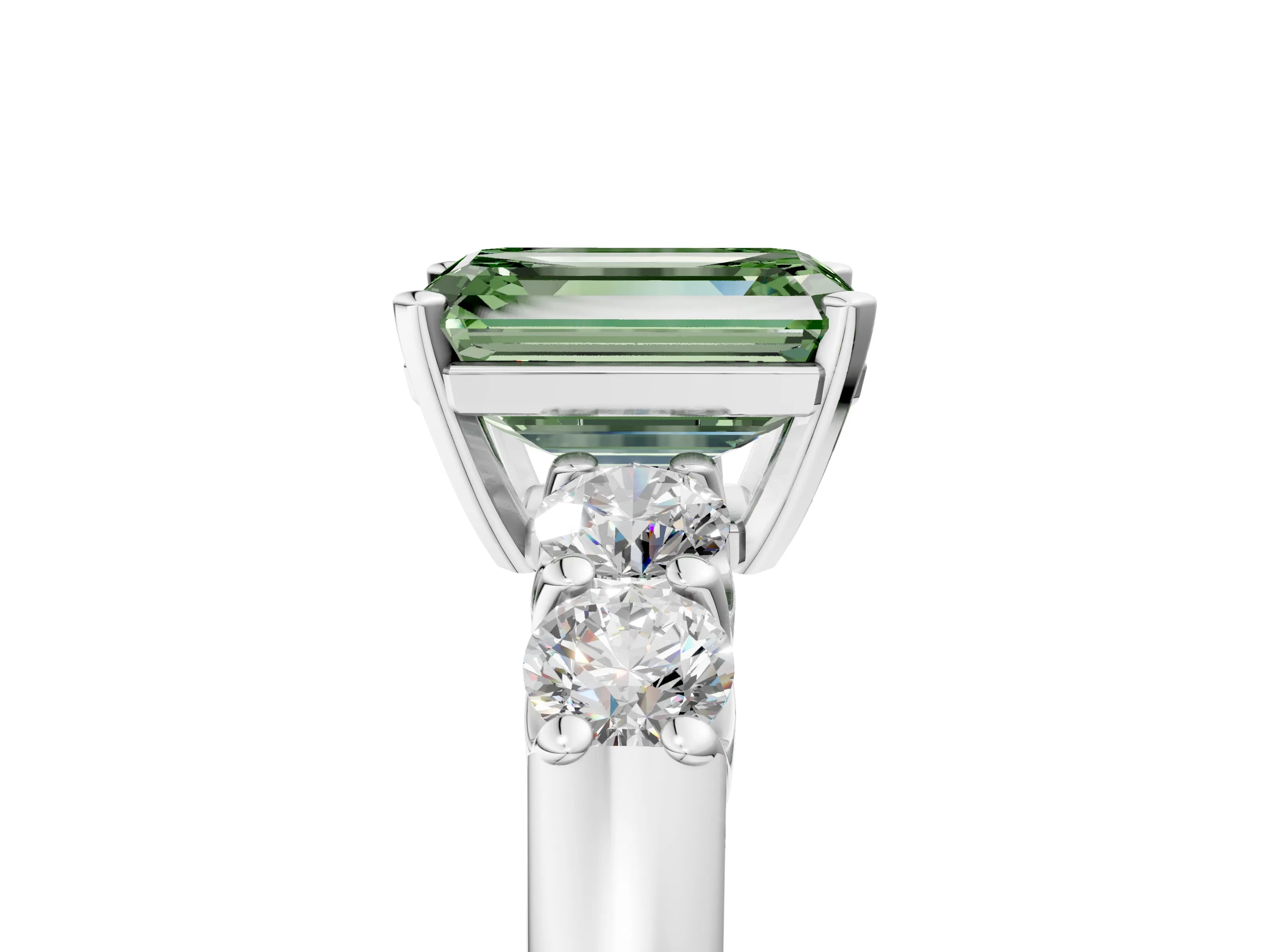 White gold Fancy Green Emerald Cut Brilliant Diamond Five-Stone Engagement Ring with Prong Setting on a Classic Band_8