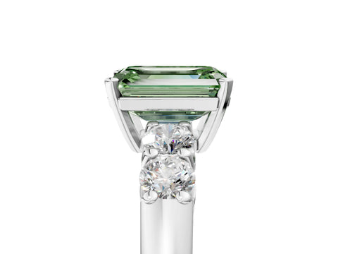 White gold Fancy Green Emerald Cut Brilliant Diamond Five-Stone Engagement Ring with Prong Setting on a Classic Band_8