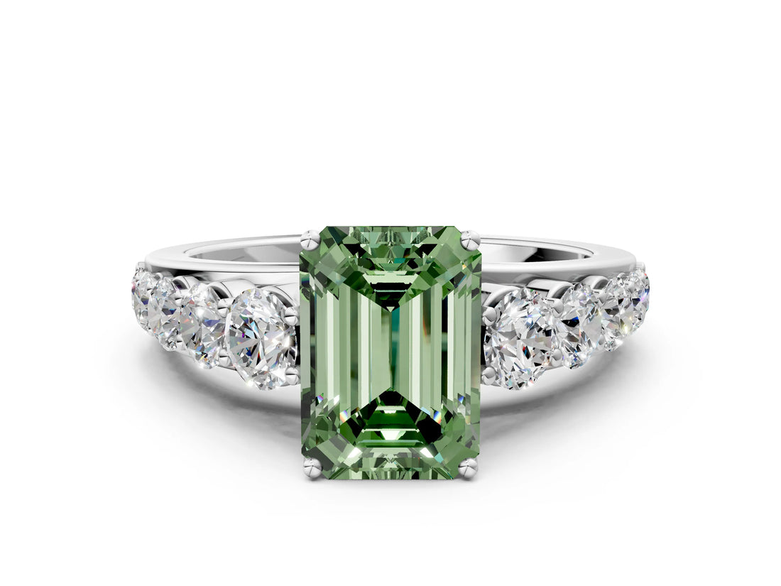 White gold Fancy Green Emerald Cut Brilliant Diamond Pavé Band with Six-Prong Setting_12