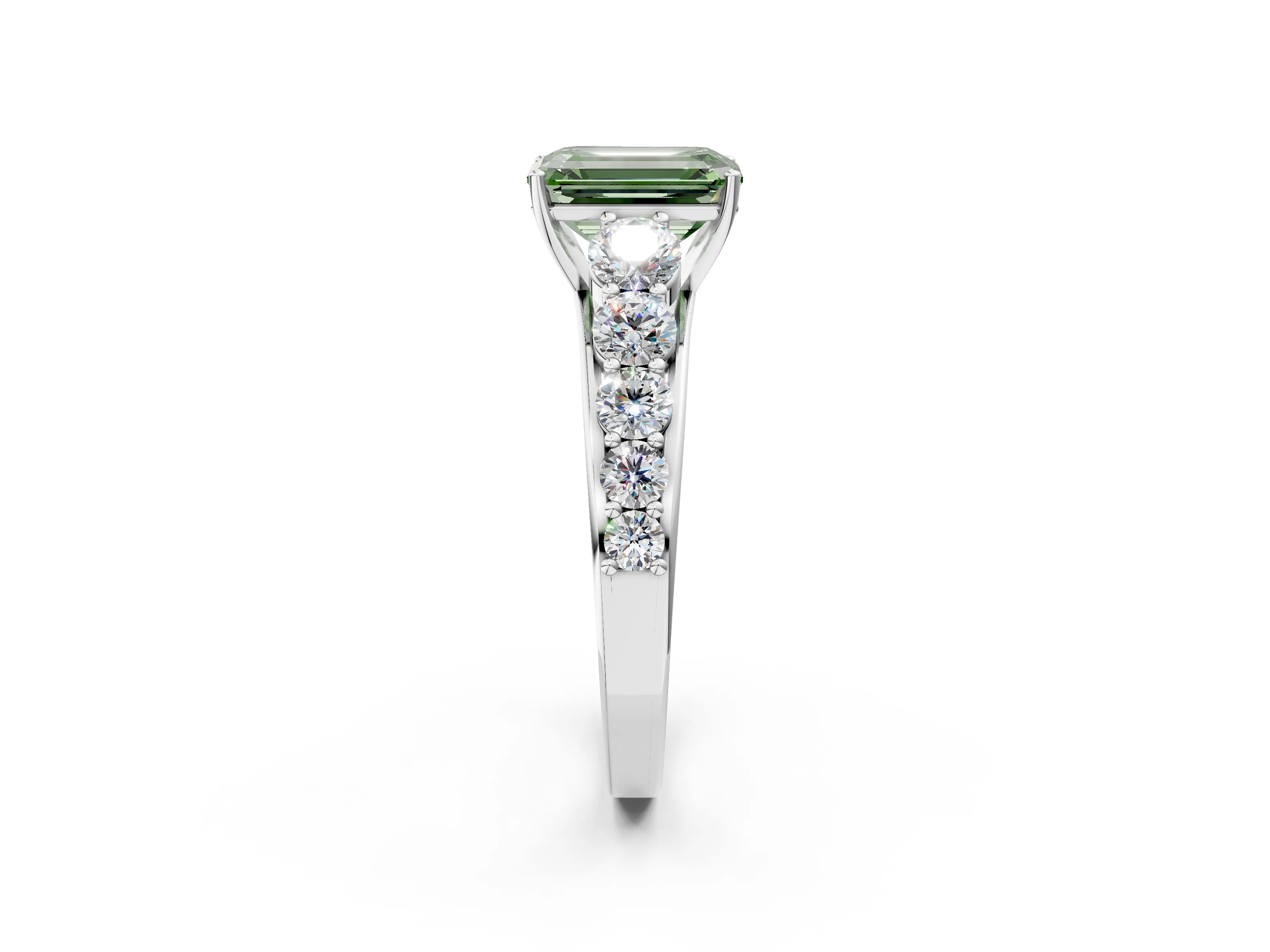White gold Fancy Green Emerald Cut Brilliant Diamond Pavé Band with Six-Prong Setting_2