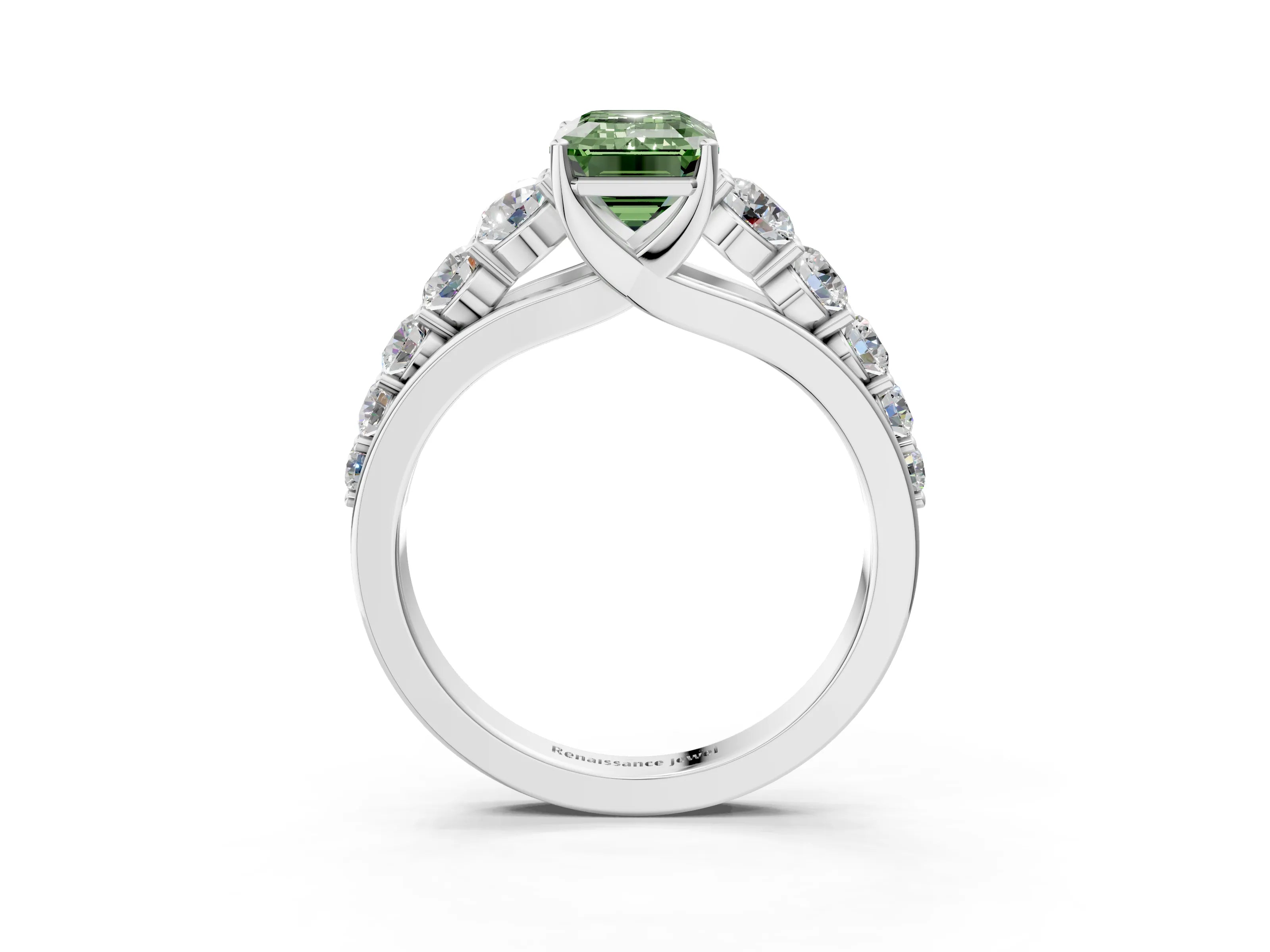 White gold Fancy Green Emerald Cut Brilliant Diamond Pavé Band with Six-Prong Setting_3