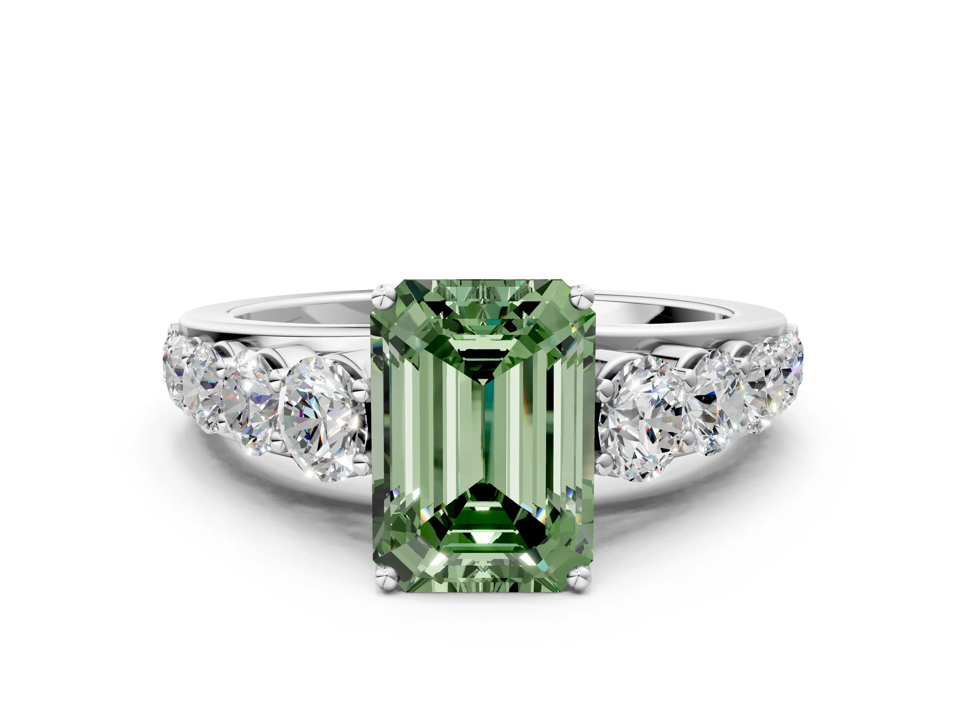 White gold Fancy Green Emerald Cut Brilliant Diamond Pavé Band with Six-Prong Setting