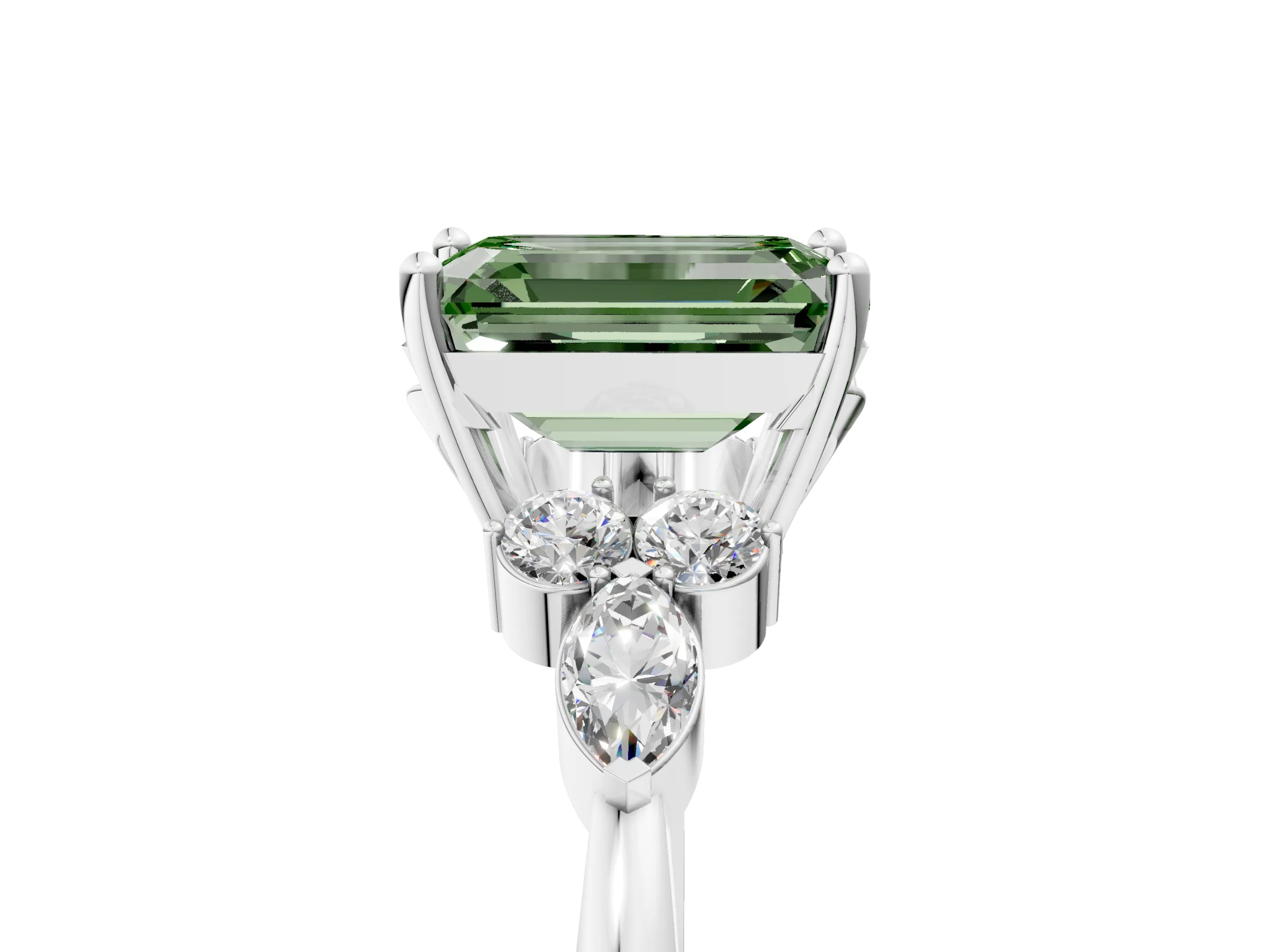 White gold Fancy Green Emerald Cut Brilliant Diamond Solitaire Ring with Pear Side Stones and Four-Prong Setting_11