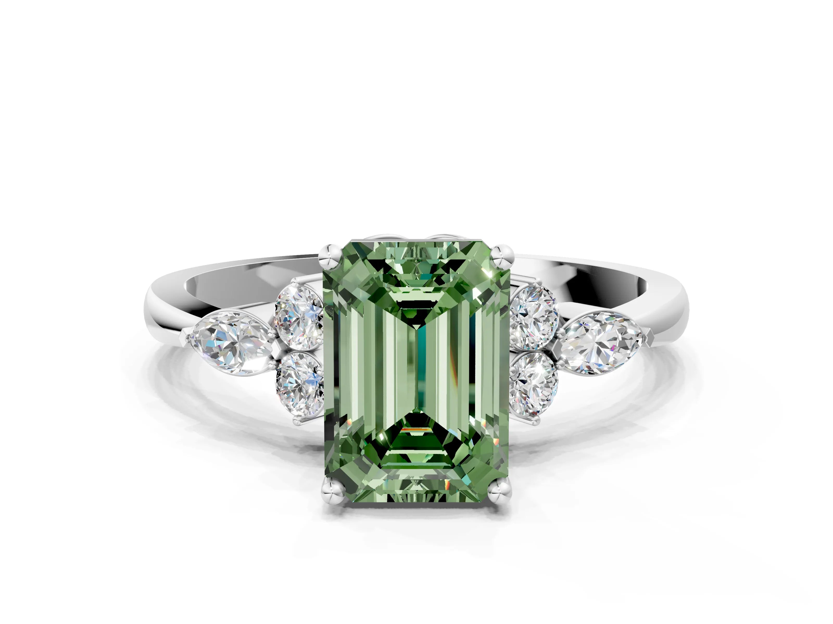 White gold Fancy Green Emerald Cut Brilliant Diamond Solitaire Ring with Pear Side Stones and Four-Prong Setting_42