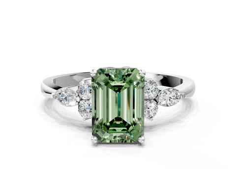 White gold Fancy Green Emerald Cut Brilliant Diamond Solitaire Ring with Pear Side Stones and Four-Prong Setting_42