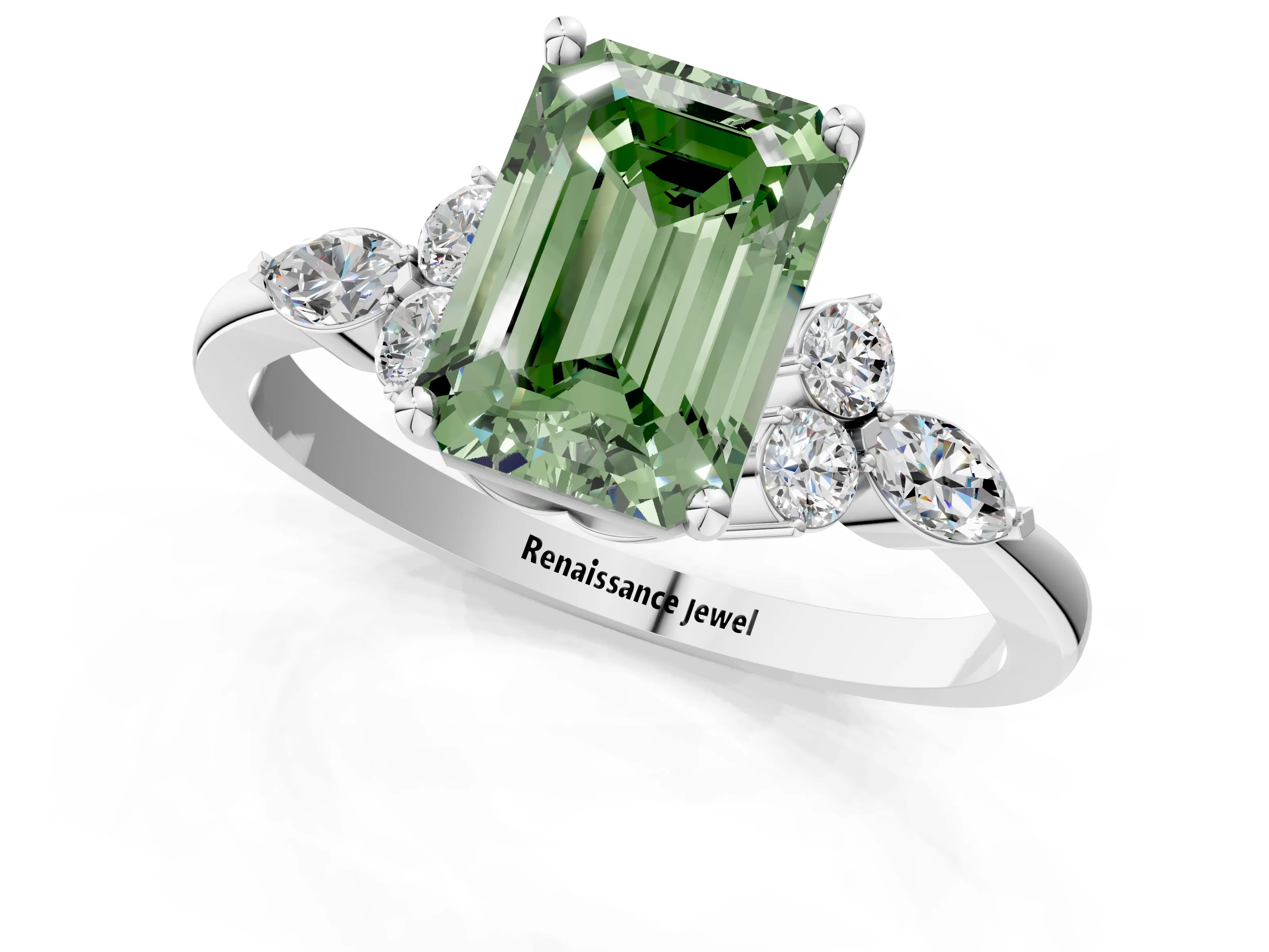 White gold Fancy Green Emerald Cut Brilliant Diamond Solitaire Ring with Pear Side Stones and Four-Prong Setting_43