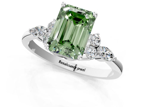 White gold Fancy Green Emerald Cut Brilliant Diamond Solitaire Ring with Pear Side Stones and Four-Prong Setting_43