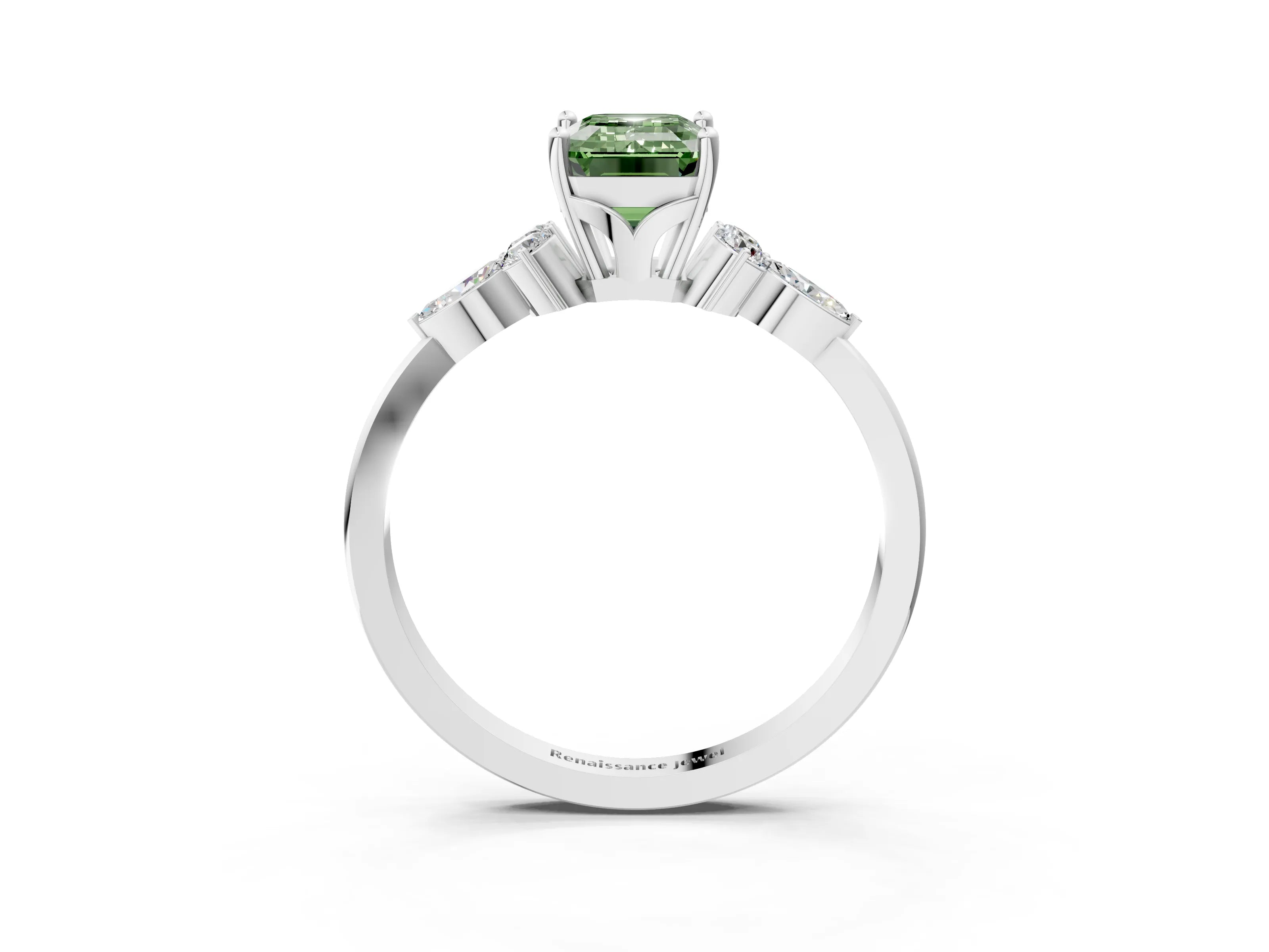 White gold Fancy Green Emerald Cut Brilliant Diamond Solitaire Ring with Pear Side Stones and Four-Prong Setting_45