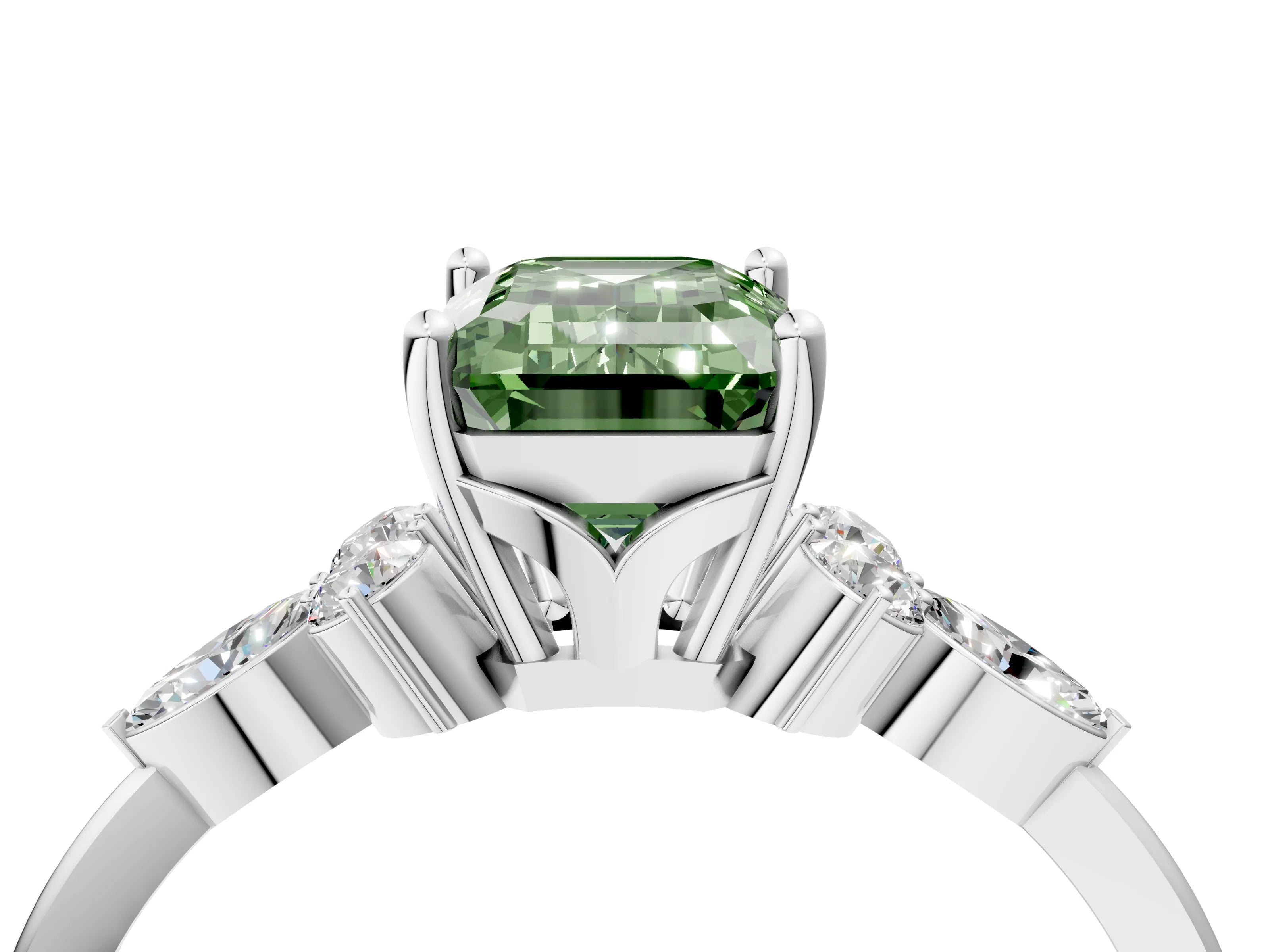 White gold Fancy Green Emerald Cut Brilliant Diamond Solitaire Ring with Pear Side Stones and Four-Prong Setting_46