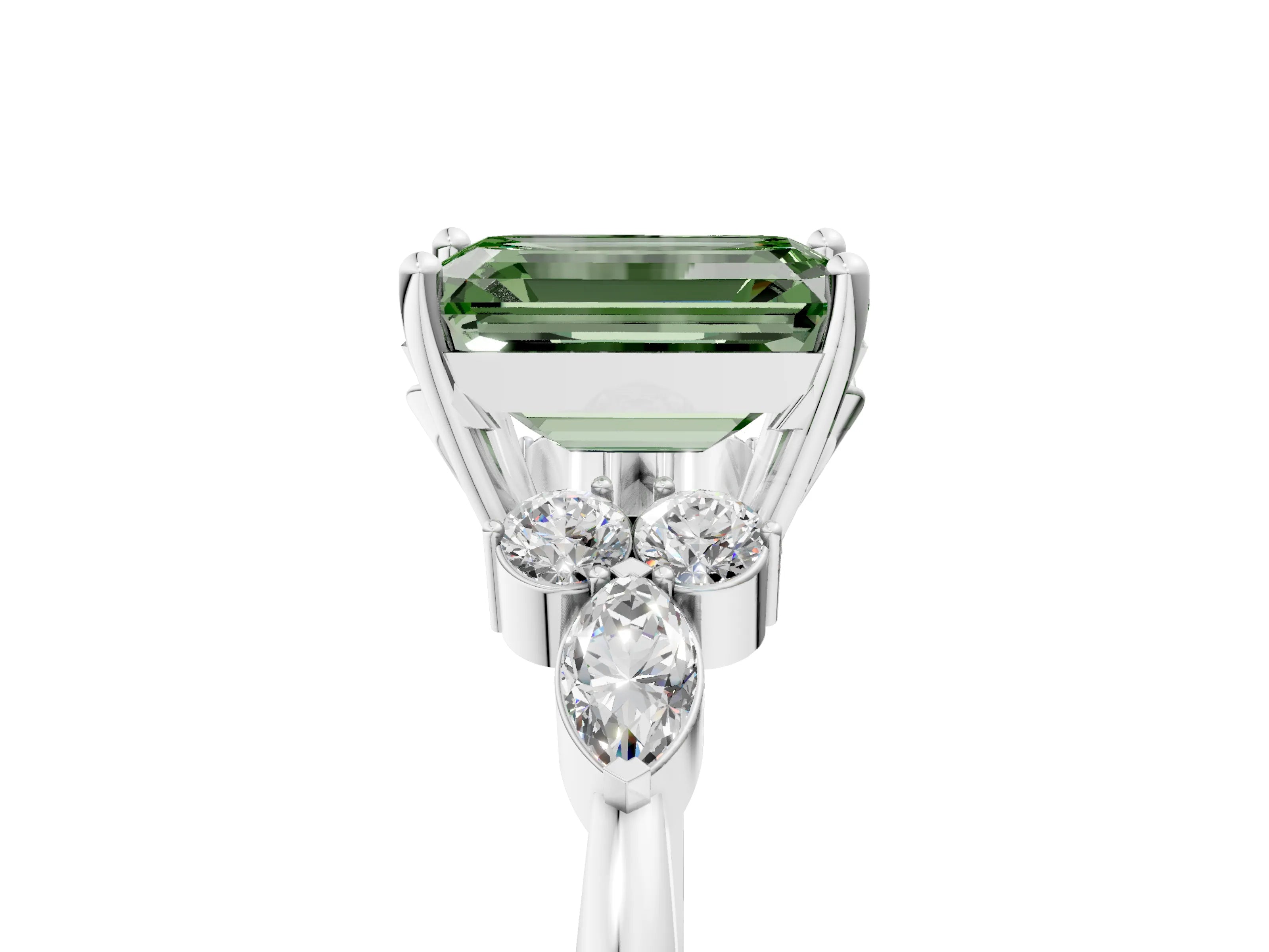 White gold Fancy Green Emerald Cut Brilliant Diamond Solitaire Ring with Pear Side Stones and Four-Prong Setting_47