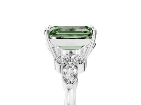 White gold Fancy Green Emerald Cut Brilliant Diamond Solitaire Ring with Pear Side Stones and Four-Prong Setting_47