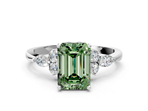 White gold Fancy Green Emerald Cut Brilliant Diamond Solitaire Ring with Pear Side Stones and Four-Prong Setting_6