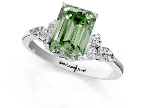 White gold Fancy Green Emerald Cut Brilliant Diamond Solitaire Ring with Pear Side Stones and Four-Prong Setting_7