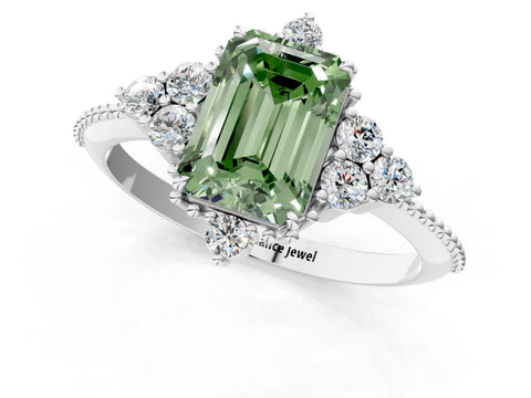 White gold Fancy Green Emerald Cut Brilliant Diamond with Cluster Setting on a Beaded Band and Four-Prong Setting_1