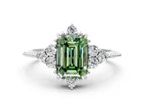 White gold Fancy Green Emerald Cut Brilliant Diamond with Cluster Setting on a Beaded Band and Four-Prong Setting_24
