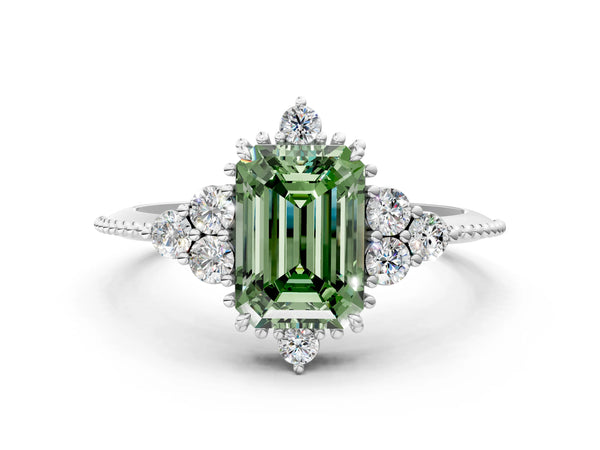 White gold Fancy Green Emerald Cut Brilliant Diamond with Cluster Setting on a Beaded Band and Four-Prong Setting