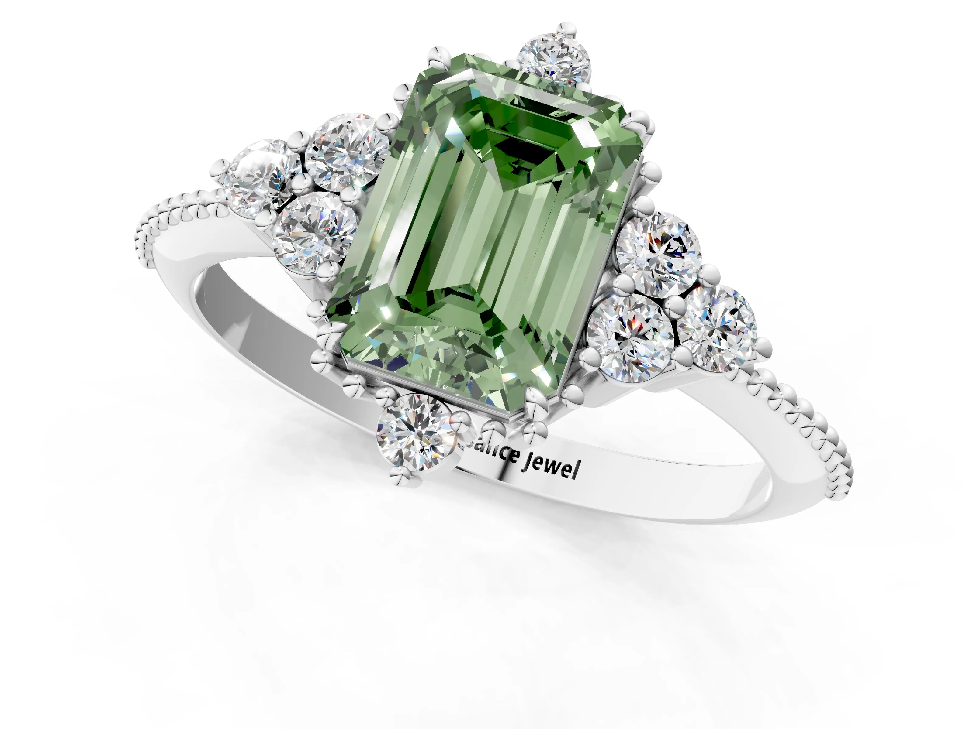 White gold Fancy Green Emerald Cut Brilliant Diamond with Cluster Setting on a Beaded Band and Four-Prong Setting_25
