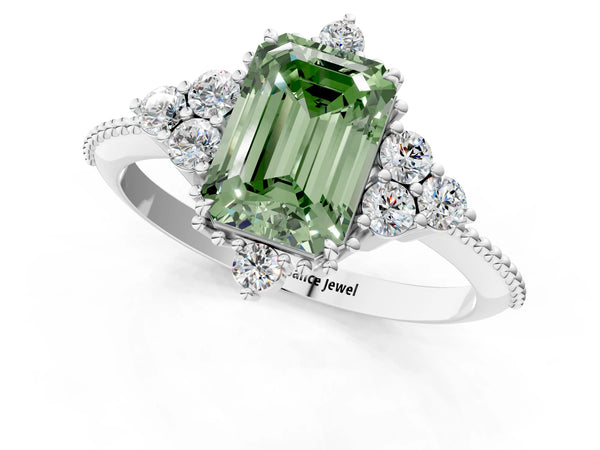 White gold Fancy Green Emerald Cut Brilliant Diamond with Cluster Setting on a Beaded Band and Four-Prong Setting
