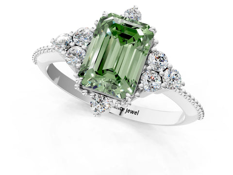 White gold Fancy Green Emerald Cut Brilliant Diamond with Cluster Setting on a Beaded Band and Four-Prong Setting_25