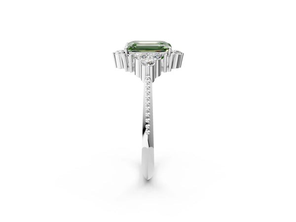 White gold Fancy Green Emerald Cut Brilliant Diamond with Cluster Setting on a Beaded Band and Four-Prong Setting