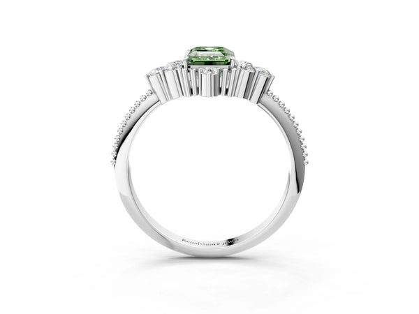 White gold Fancy Green Emerald Cut Brilliant Diamond with Cluster Setting on a Beaded Band and Four-Prong Setting