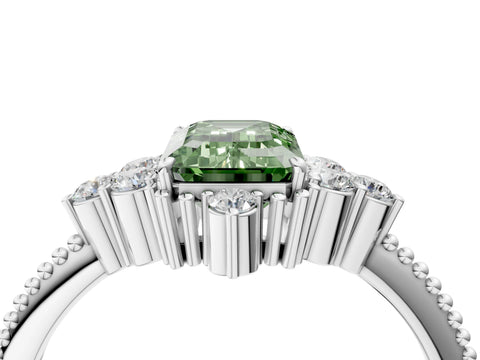 White gold Fancy Green Emerald Cut Brilliant Diamond with Cluster Setting on a Beaded Band and Four-Prong Setting_28
