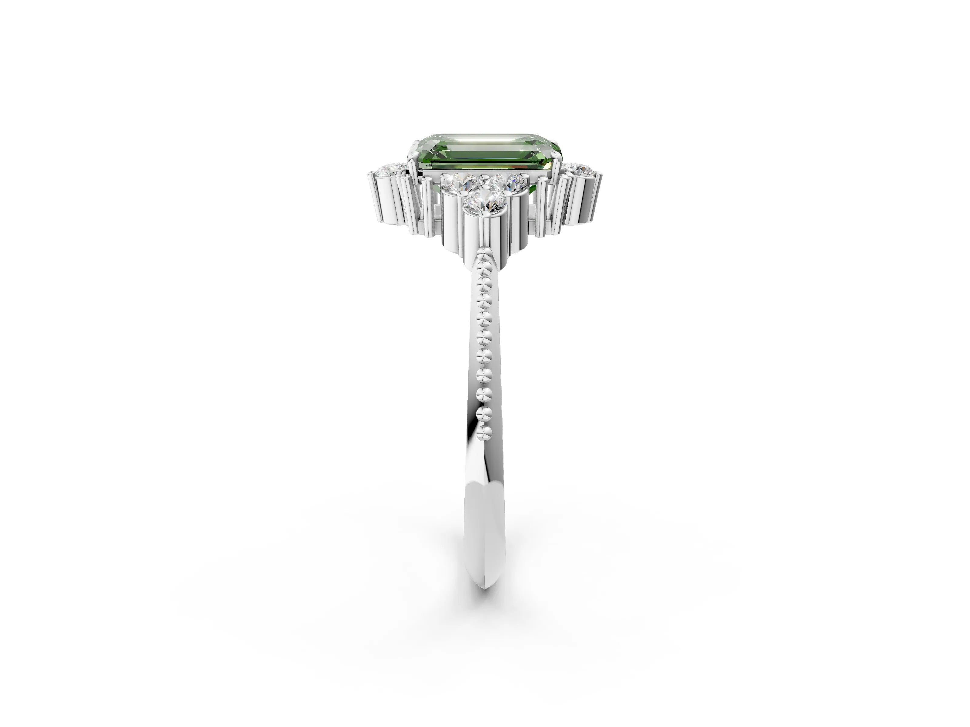 White gold Fancy Green Emerald Cut Brilliant Diamond with Cluster Setting on a Beaded Band and Four-Prong Setting_2