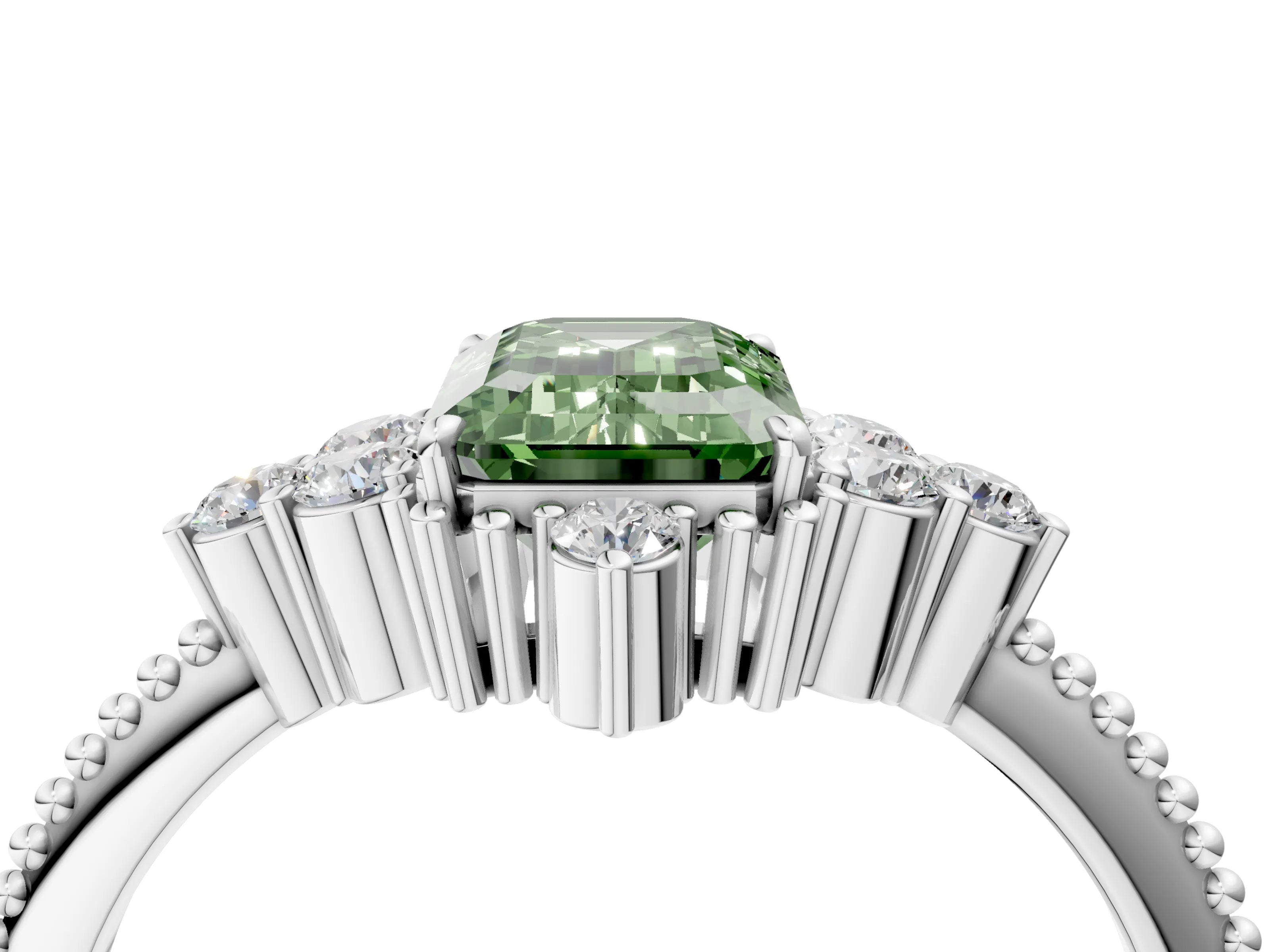White gold Fancy Green Emerald Cut Brilliant Diamond with Cluster Setting on a Beaded Band and Four-Prong Setting_4