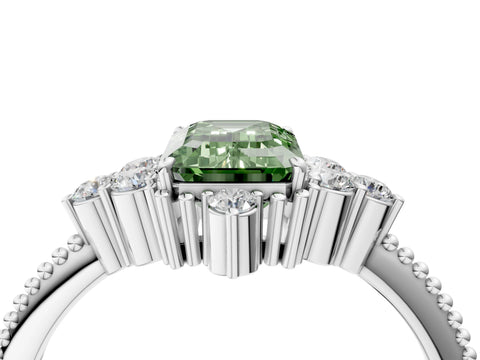 White gold Fancy Green Emerald Cut Brilliant Diamond with Cluster Setting on a Beaded Band and Four-Prong Setting_4