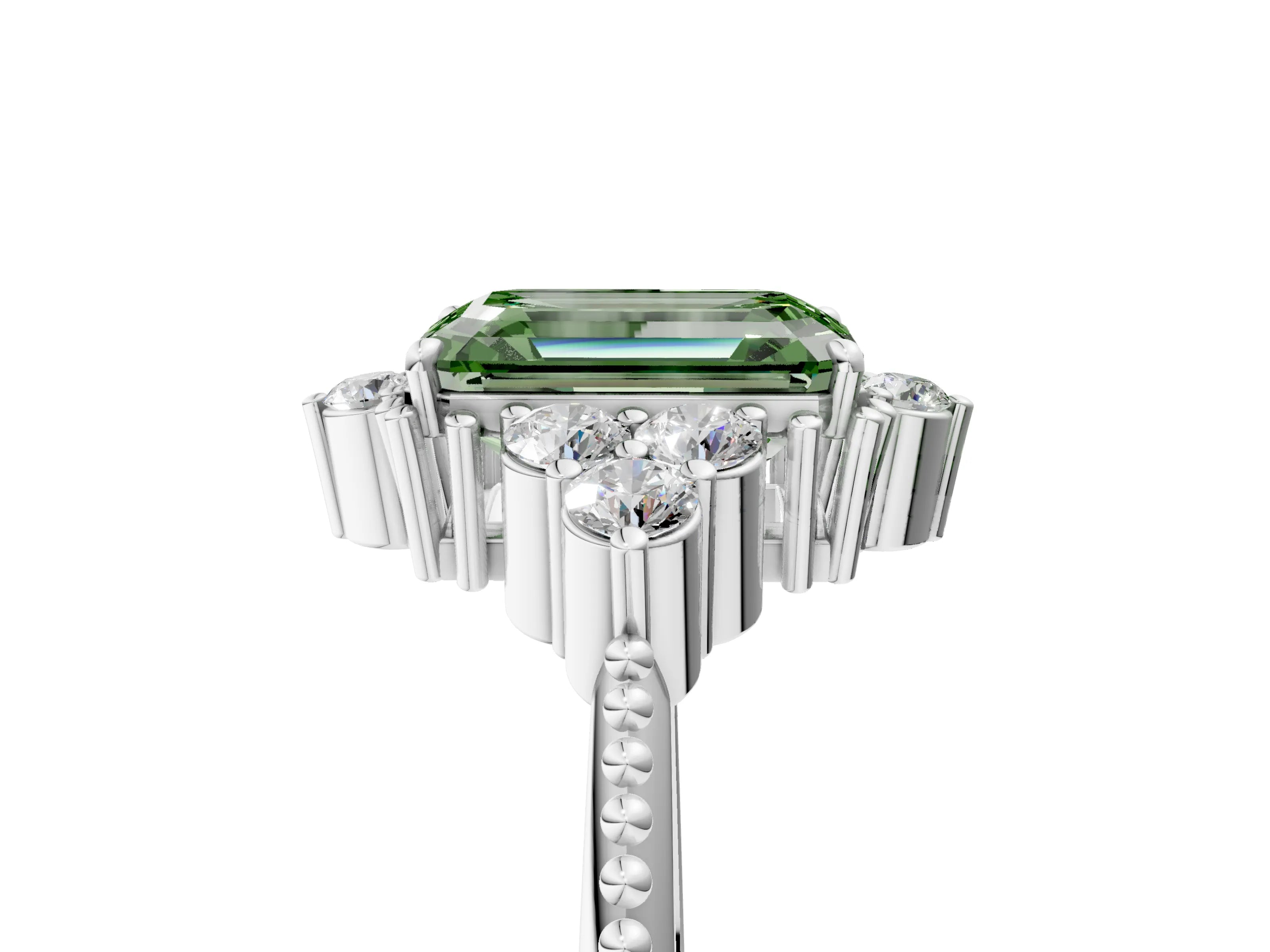 White gold Fancy Green Emerald Cut Brilliant Diamond with Cluster Setting on a Beaded Band and Four-Prong Setting_5