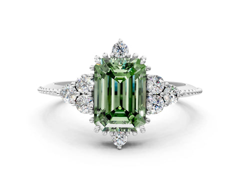 White gold Fancy Green Emerald Cut Brilliant Diamond with Cluster Setting on a Beaded Band and Four-Prong Setting